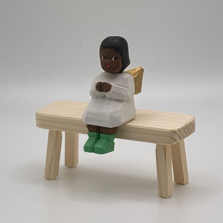 Angel, Sitting, Black Hair, Green Socks 